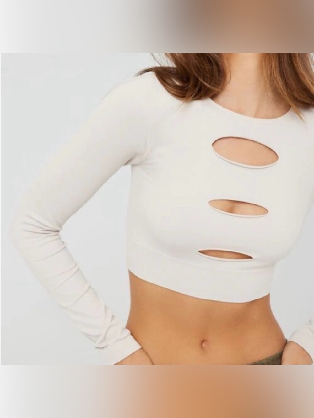 Garage Cream Ribbed Long-Sleeve Cutout Top